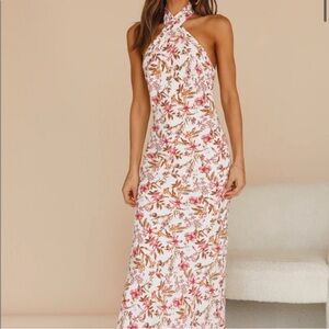 Halter Floral Maxi Dress in White and Pink